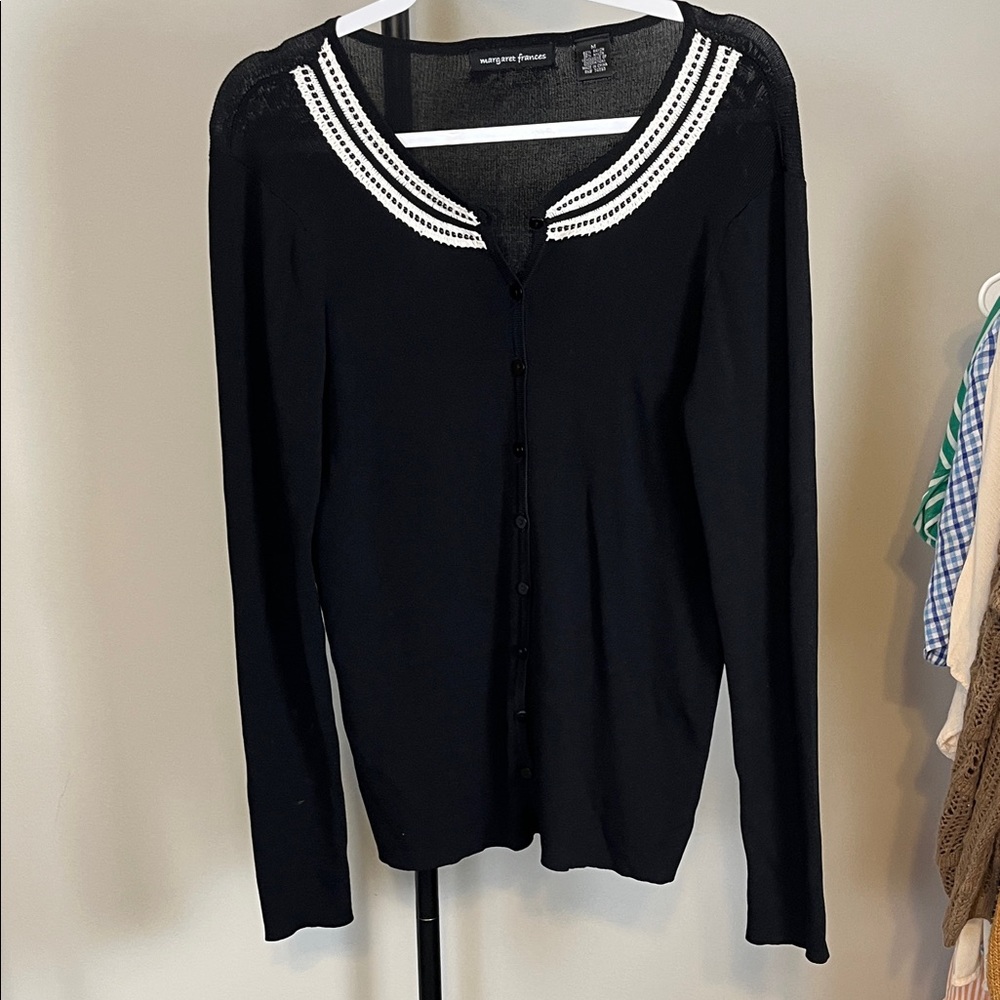 Margaret Frances Black Long Sleeve Cardigan with White Trim Beads Medium